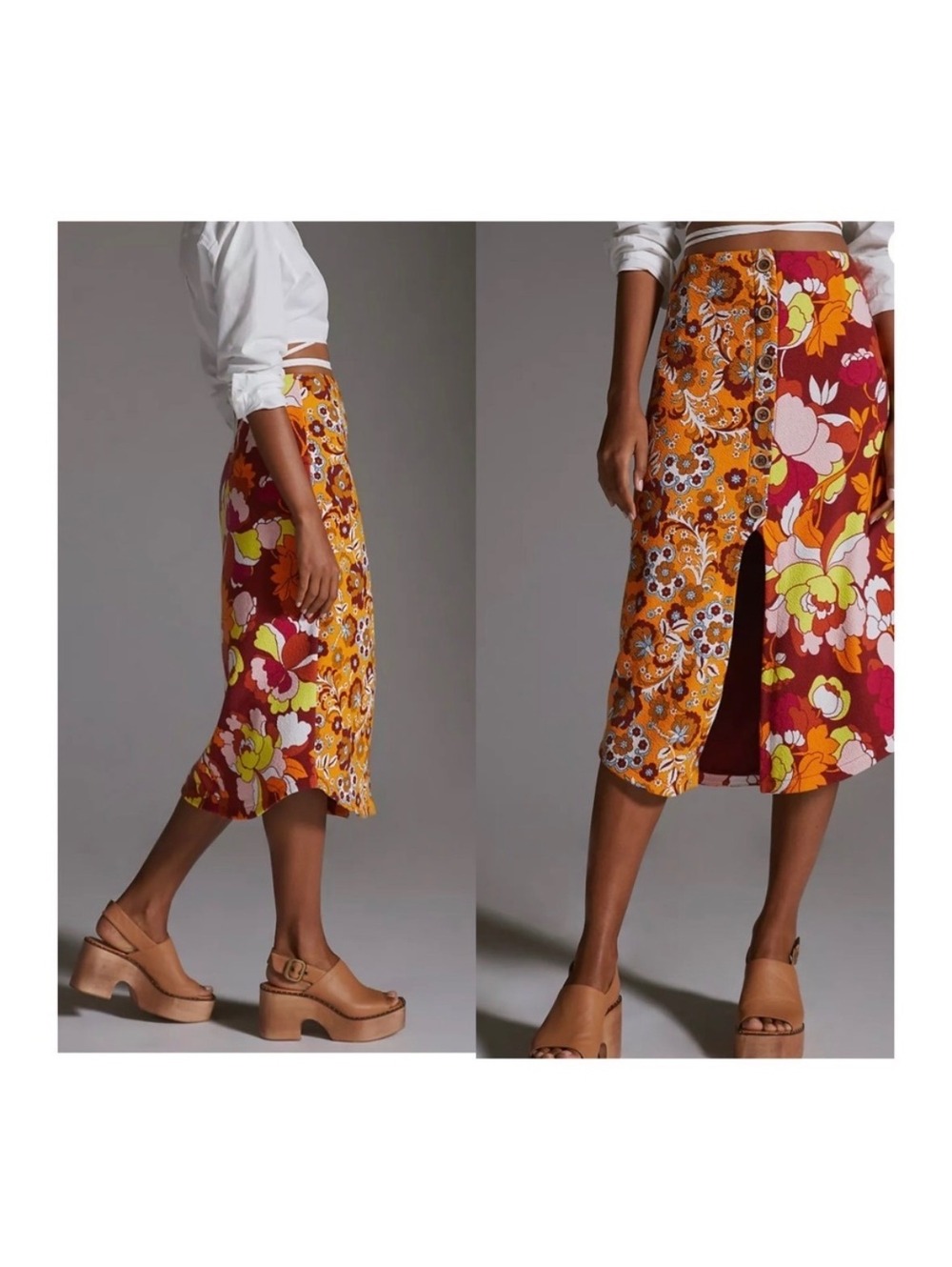 Anthropologie Floral Midi Skirt with Front Slit